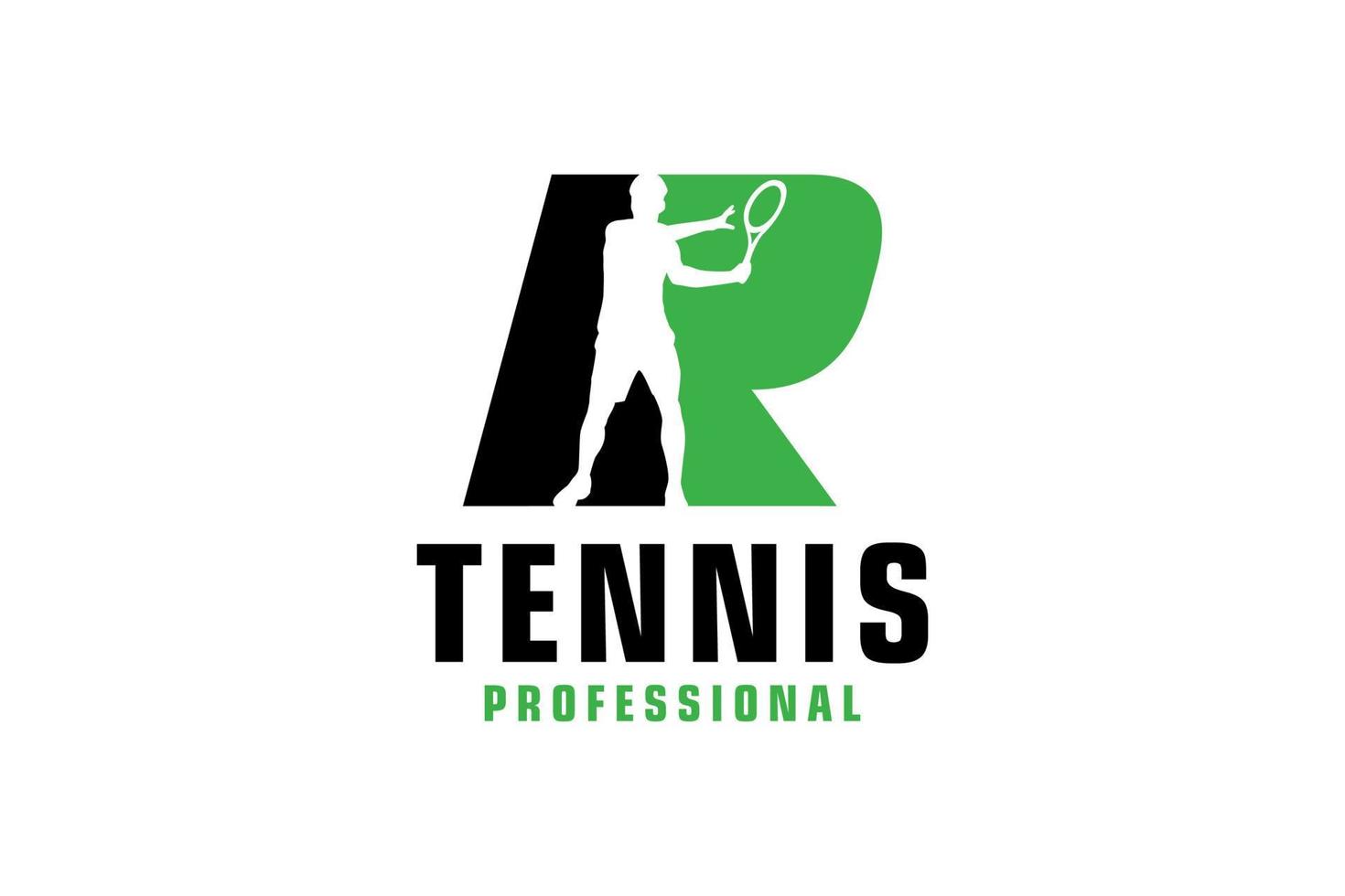 buchstabe r mit tennisspieler-silhouette-logo-design. Vektordesign-Vorlagenelemente für Sportteams oder Corporate Identity. vektor