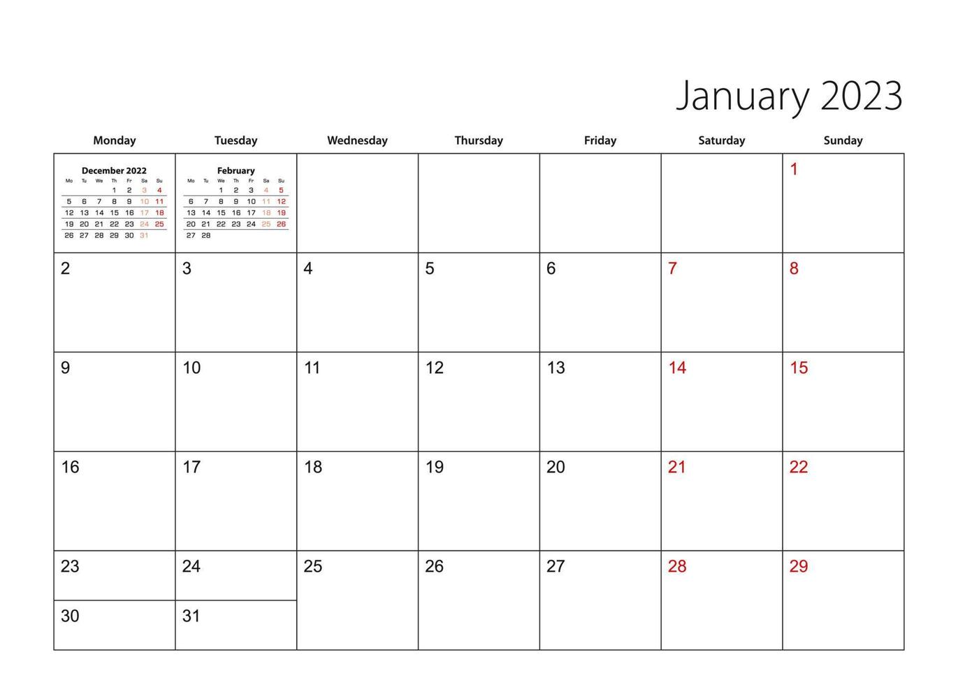 januari 2023 enkel kalender planerare, vecka börjar från måndag. vektor