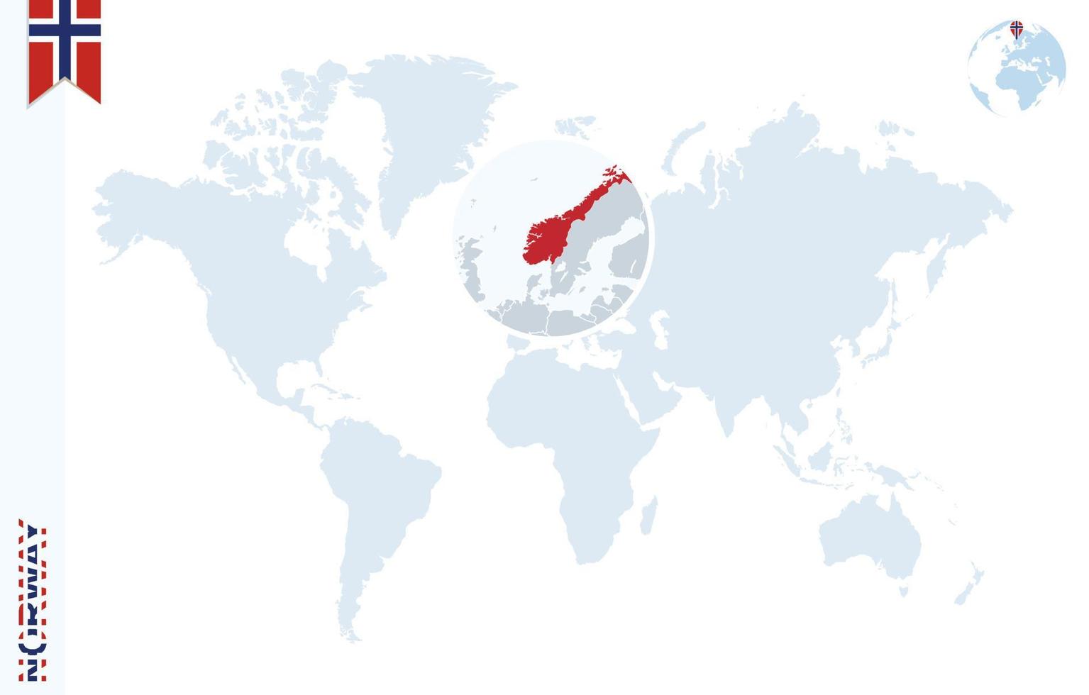 blaue Weltkarte mit Lupe auf Norwegen. vektor