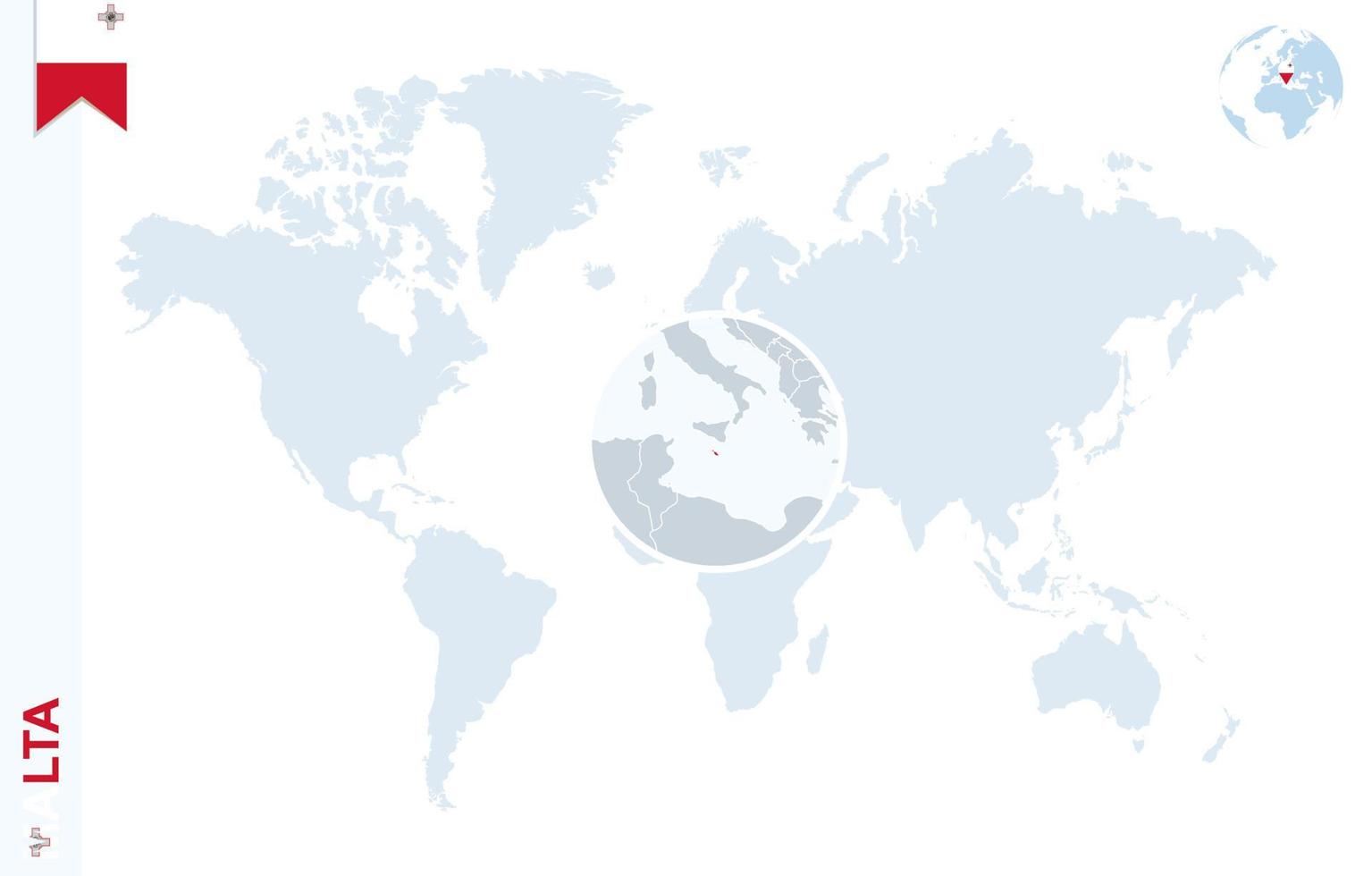 Blaue Weltkarte mit Lupe auf Malta. vektor