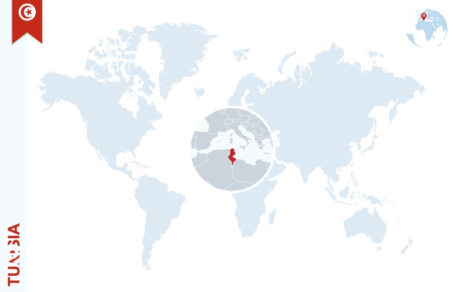 blå värld Karta med förstorande på tunisien. vektor