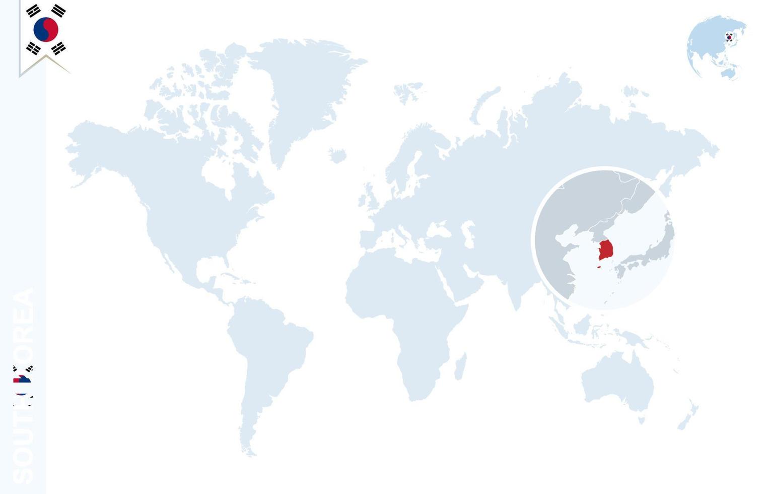 blå värld Karta med förstorande på söder korea. vektor