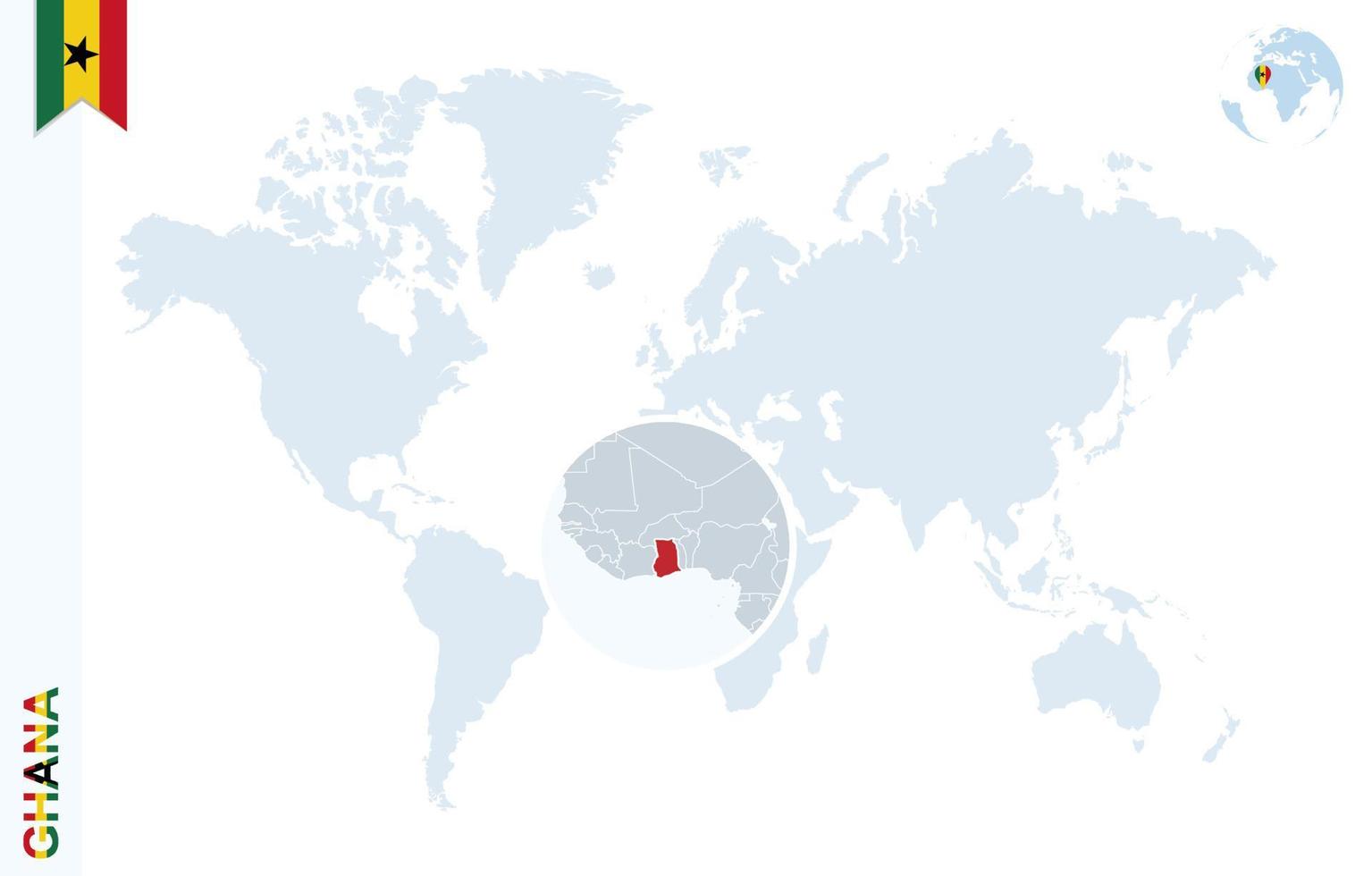 blaue Weltkarte mit Lupe auf Ghana. vektor