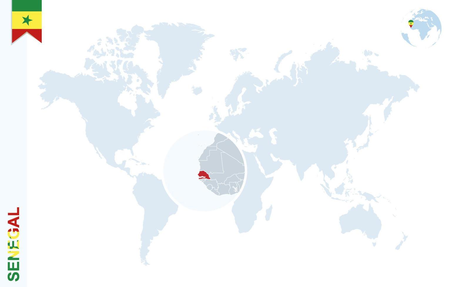 blaue Weltkarte mit Lupe auf Senegal. vektor
