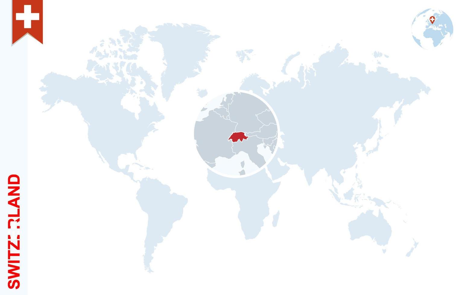 blaue Weltkarte mit Lupe auf die Schweiz. vektor