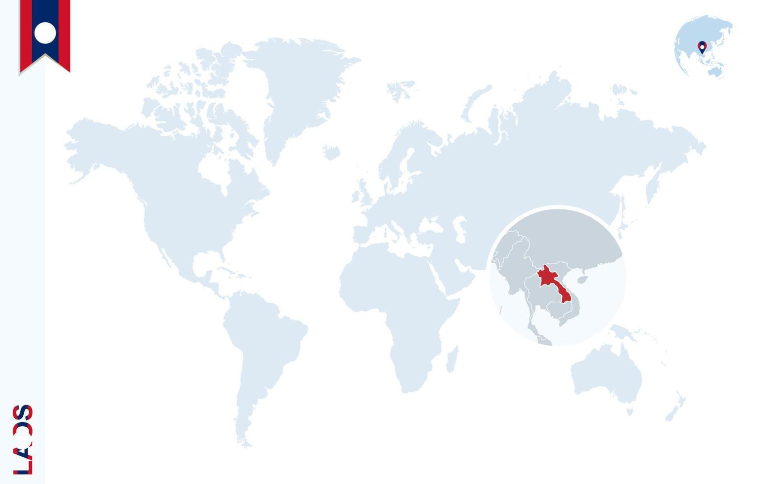 blaue Weltkarte mit Lupe auf Laos. vektor