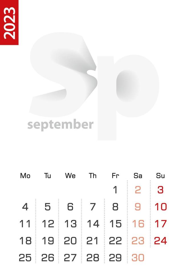 minimalistische Kalendervorlage für September 2023, Vektorkalender auf Englisch. vektor