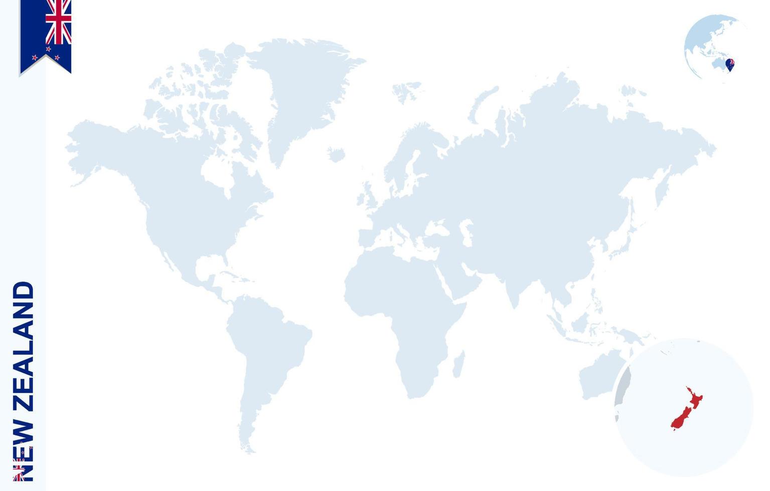 blaue Weltkarte mit Lupe auf Neuseeland. vektor