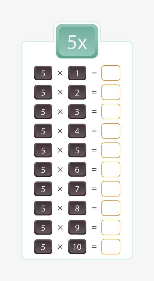 5x Multiplikation zum Üben, Einmaleins ohne Lösungen. vektor