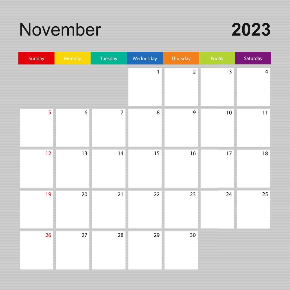 kalender sida för november 2023, vägg planerare med färgrik design. vecka börjar på söndag. vektor