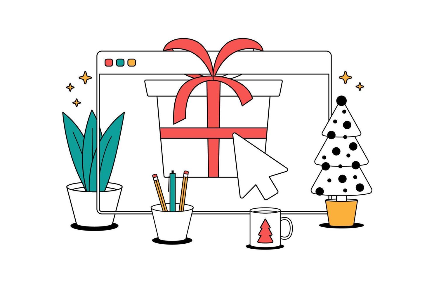 Weihnachts-Online-Shopping. Linie Cartoon-Vektorillustration mit Browserfenster mit roter Geschenkbox, Fichte, Tasse auf dem Schreibtisch, Winterurlaubsverkäufe. vektor