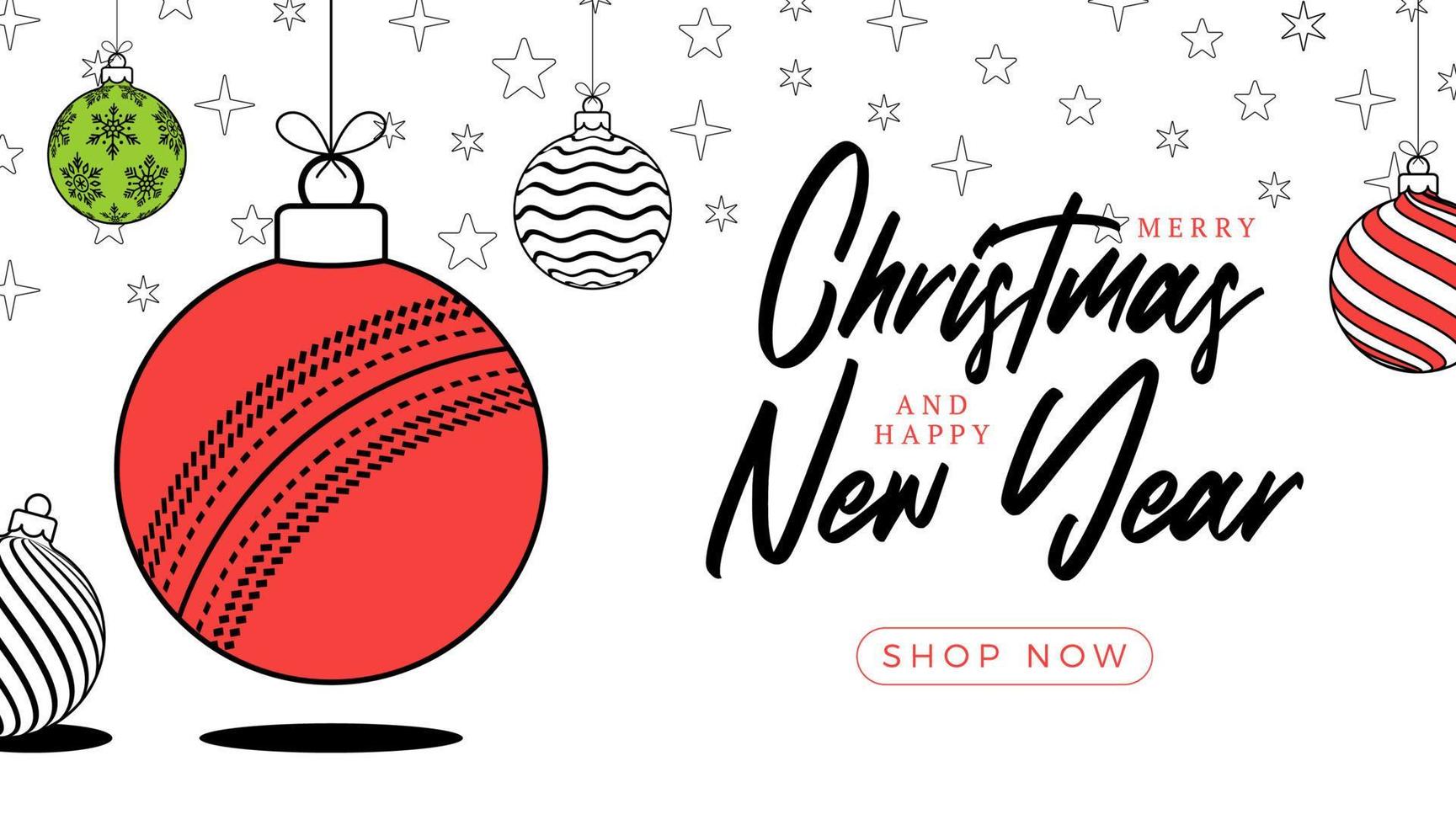 Cricket-Weihnachtsgrußkarte im trendigen Linienstil. frohe weihnachten und ein gutes neues jahr skizzieren cartoon sportbanner. Kricketball als Weihnachtsball auf weißem Hintergrund. Vektor-Illustration. vektor