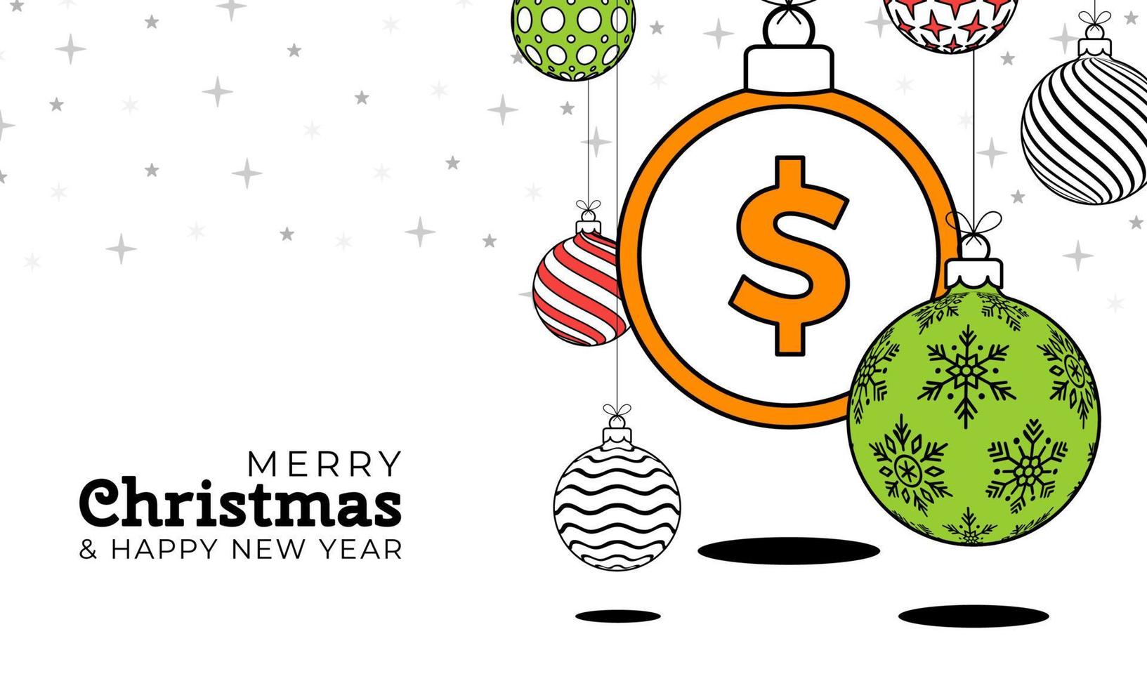 pengar jul hälsning kort i trendig linje stil. glad jul och Lycklig ny år översikt tecknad serie pengar baner. mynt som en xmas boll på vit bakgrund. vektor illustration.
