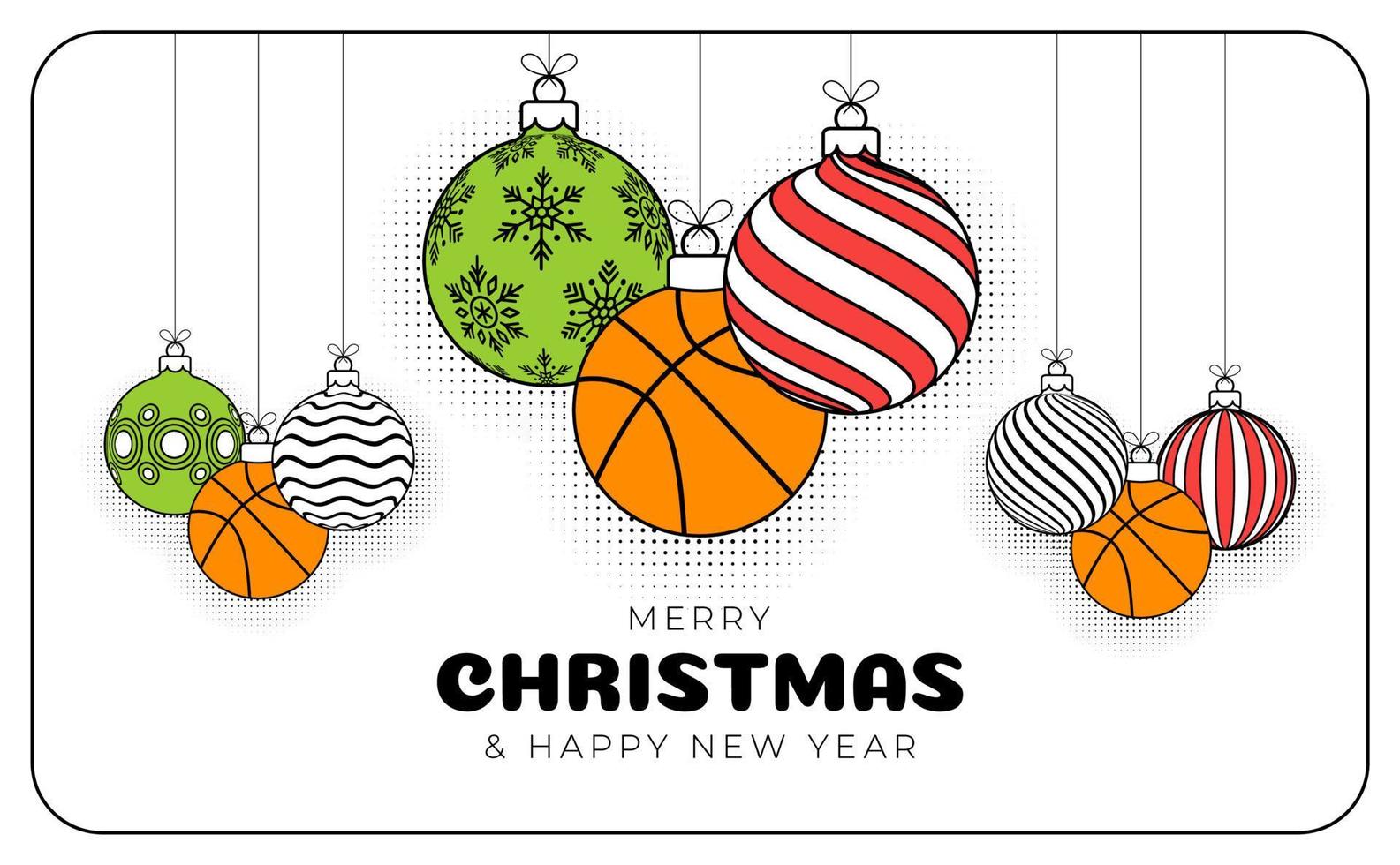 Basketball-Weihnachtsgrußkarte im trendigen Linienstil. frohe weihnachten und ein gutes neues jahr skizzieren cartoon sportbanner. Basketballball als Weihnachtskugel auf weißem Hintergrund. Vektor-Illustration. vektor