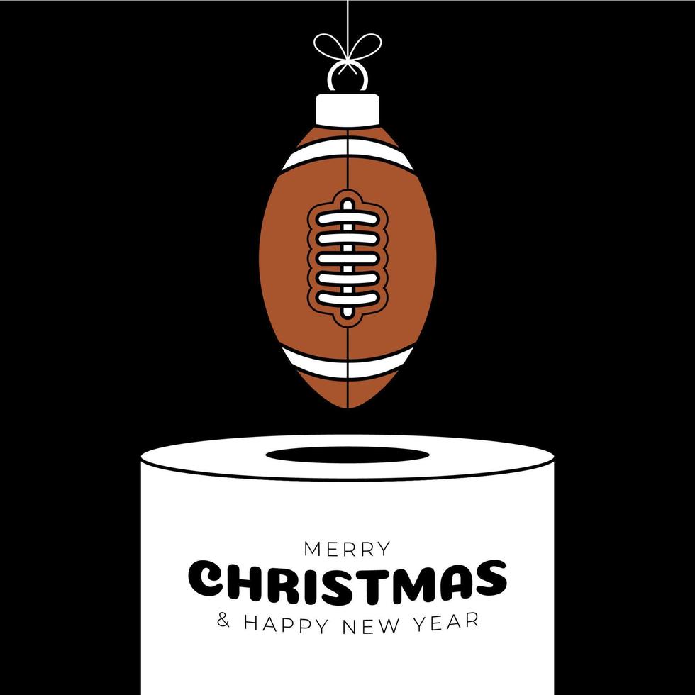 Fußball, Rugby Weihnachtskugelsockel. frohe weihnachten sport grußkarte. Hängen Sie an einem Fadenball als Weihnachtskugel auf weißem Podium auf schwarzem Hintergrund. sport trendige vektorillustration. vektor