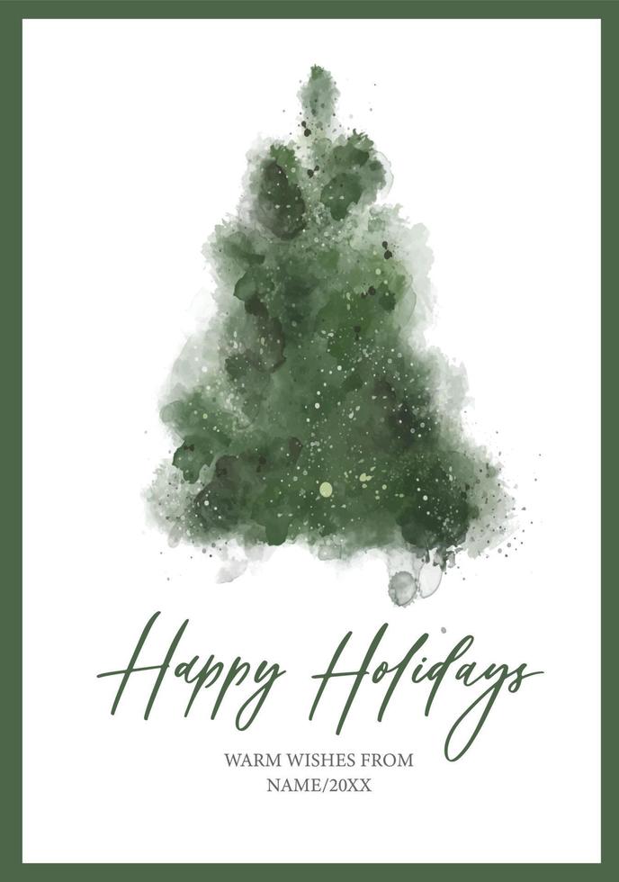 vattenfärg grön jul träd. Lycklig högtider text hälsning kort. isolerat hand dragen växt för din design. vektor