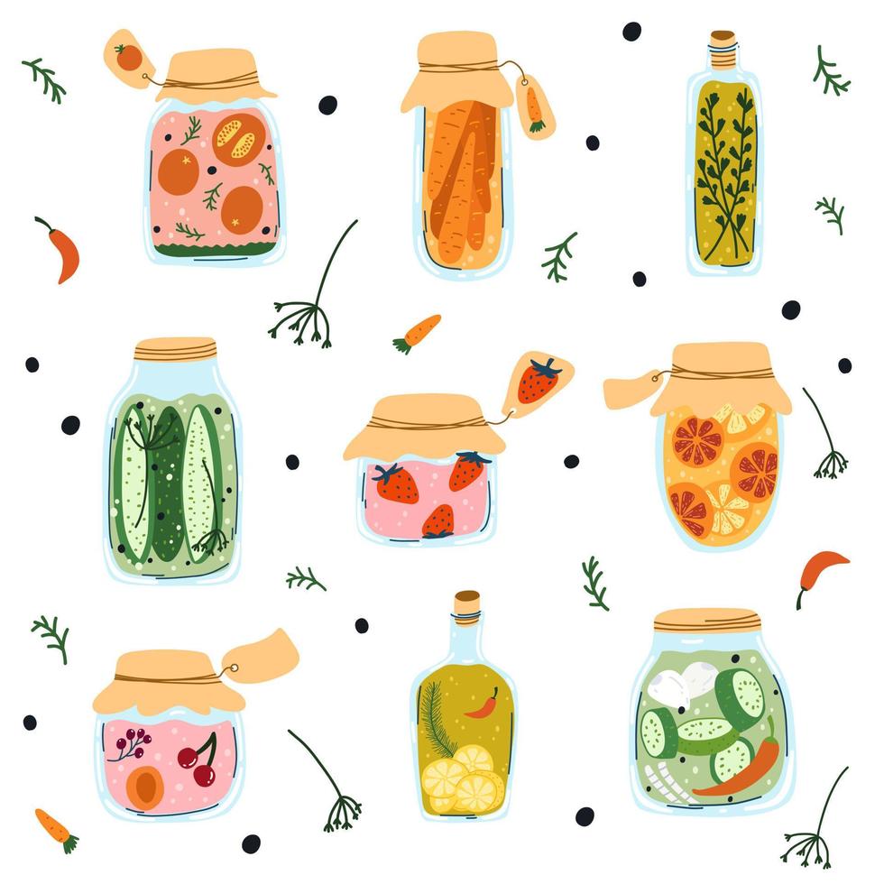 Reihe von hausgemachten Gurken, Obst- und Gemüsekonserven im handgezeichneten Cartoon-Stil. Glasgefäß mit Konserven, Kompott, Marmelade, Marmelade Herbsterntezeit, mariniertes Gemüse, geschmorte Beeren. vektor