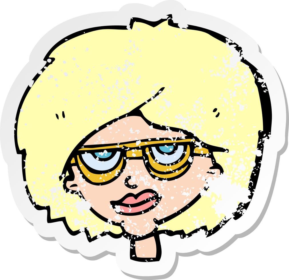 Retro-Distressed-Aufkleber einer Cartoon-Frau mit Brille vektor