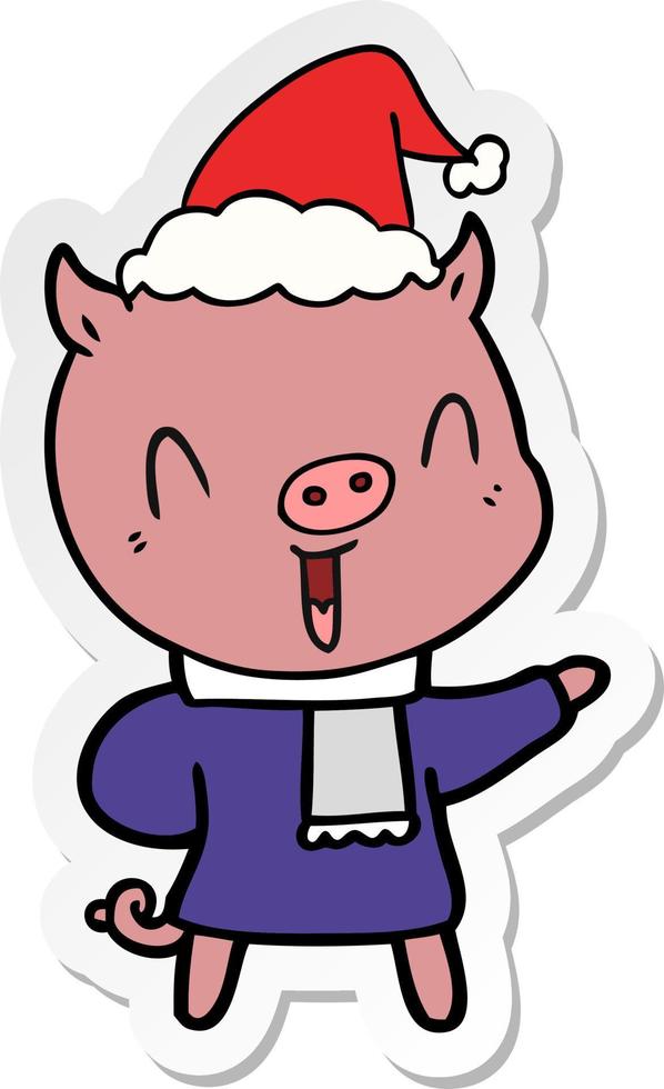 Fröhlicher Aufkleber-Cartoon eines Schweins in Winterkleidung mit Weihnachtsmütze vektor