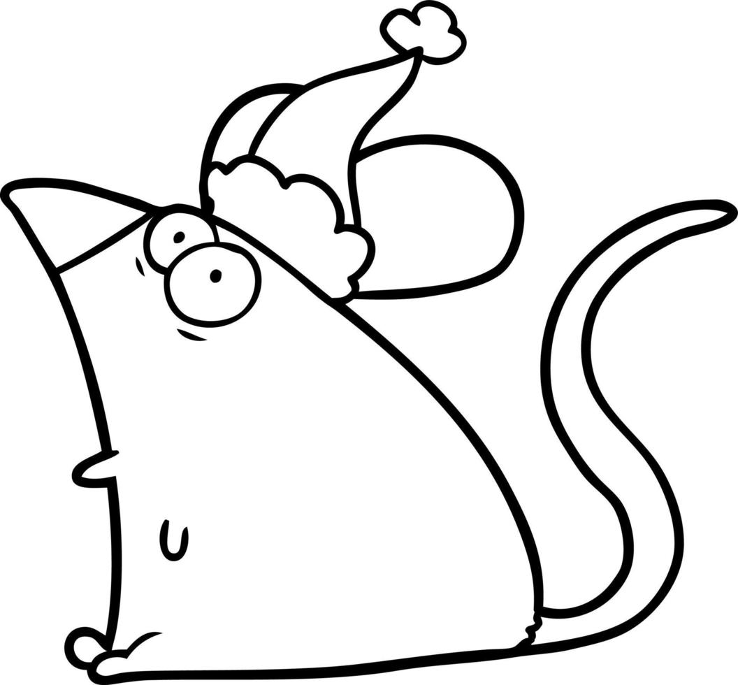 linje teckning av en skrämd mus bär santa hatt vektor