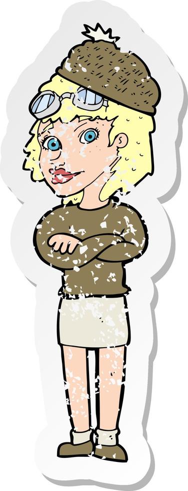 Retro-Distressed-Aufkleber einer Cartoon-Frau mit Wintermütze vektor