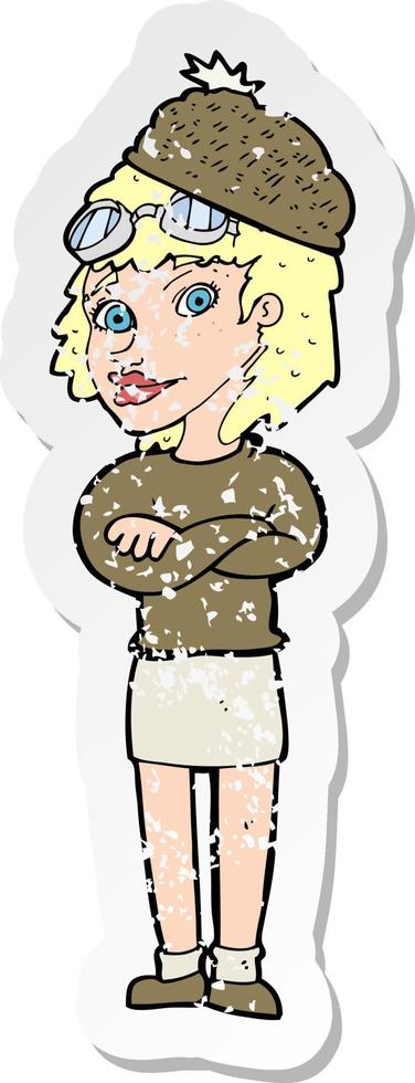 retro nödställd klistermärke av en tecknad kvinna som bär vinterhatt vektor