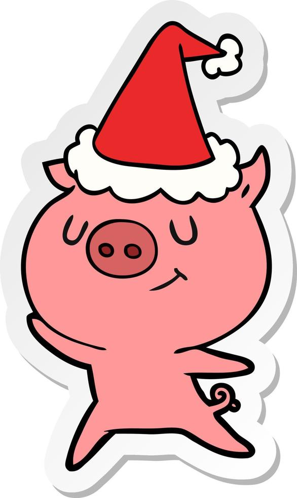glücklicher aufkleberkarikatur eines schweins, das weihnachtsmütze trägt vektor