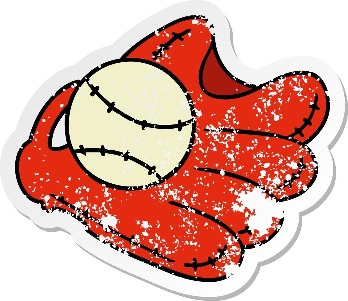 Distressed Sticker Cartoon Doodle eines Baseballs und Handschuhs vektor