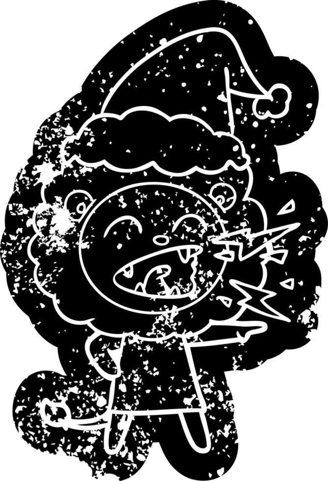 Cartoon verzweifelte Ikone eines brüllenden Löwenmädchens mit Weihnachtsmütze vektor