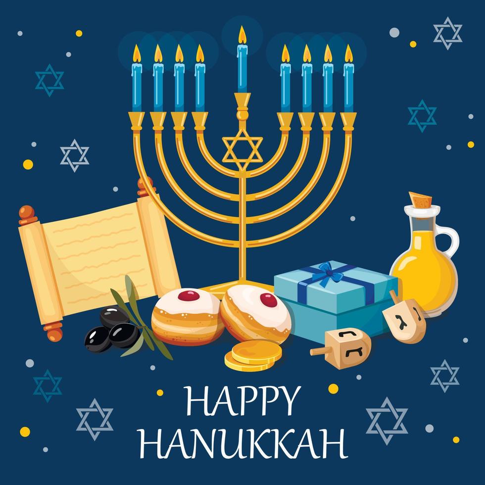 Lycklig Hanukkah, jewish festival av lampor bakgrund för hälsning kort, inbjudan, baner vektor