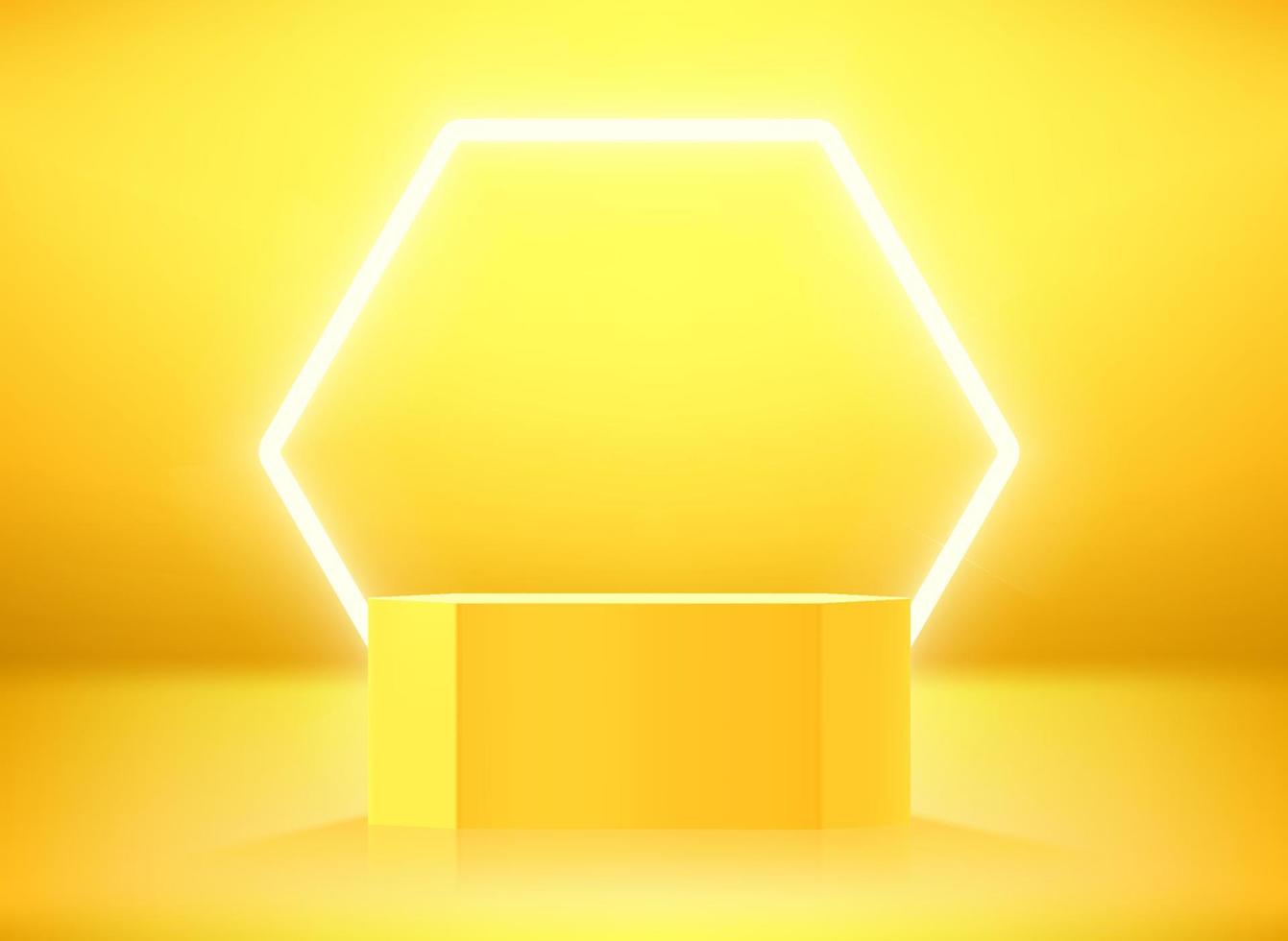 goldene hexagonvitrine mit neonlicht. 3D-Vektorillustration mit Kopienraum vektor
