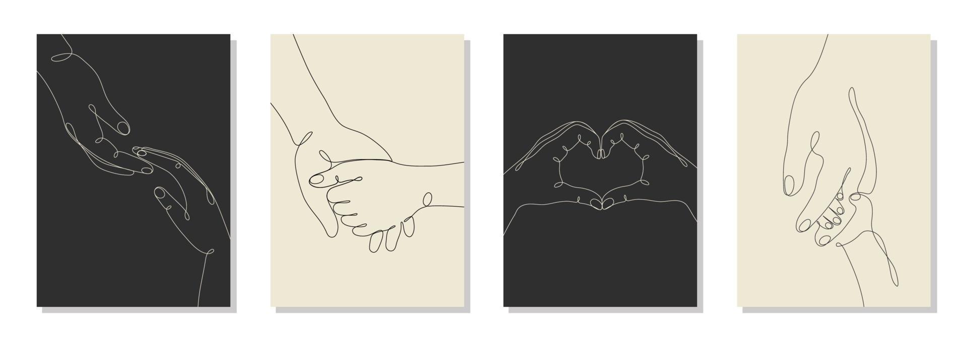 enda linje dragen hand gester uppsättning, minimalistisk mänsklig händer som visar kärlek, hjärta, romantisk, relation tecken, nätt och jämnt rörande, familj, barn hand. dynamisk kontinuerlig ett linje grafisk vektor posters
