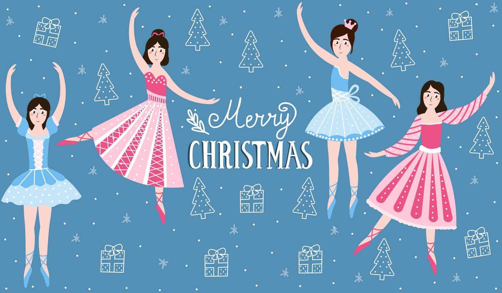 satz weihnachtsballerinas auf dunkelblauem hintergrund mit vorabend und geschenken, bunte karikaturtänzer in verschiedenen posen, horizontales banner mit froher weihnachtsbeschriftung vektor