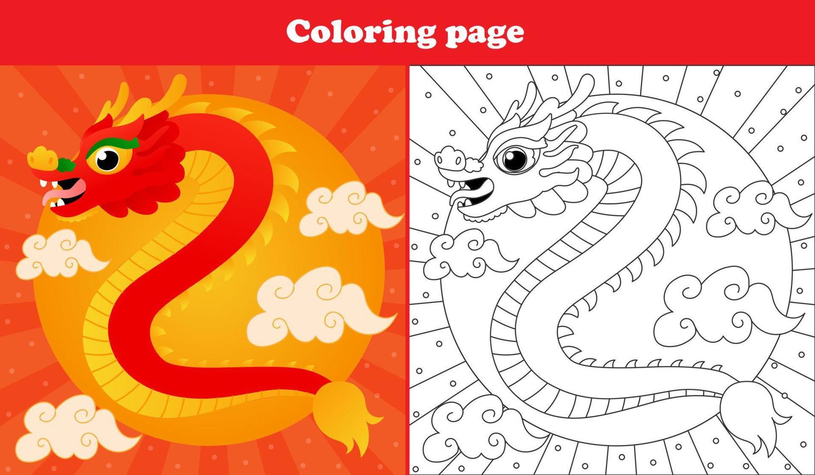 druckbares arbeitsblatt mit ausmalseite für kinder mit traditionellem chinesischem drache im orientalischen stil mit wolken und sonne im cartoon-stil vektor