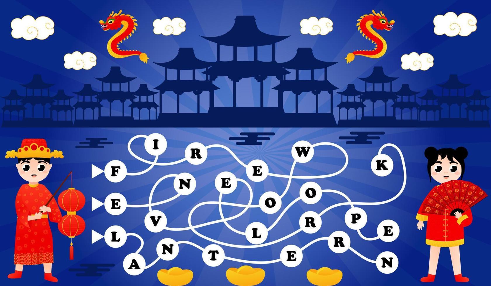 Worträtsel mit süßen Kindern in chinesischer Tracht und Drachen, druckbares Arbeitsblatt auf blauem Hintergrund vektor