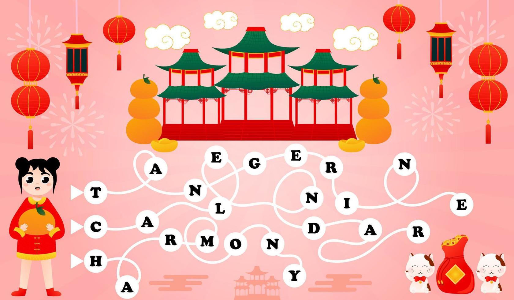 ord spel för barn med lunar ny år begrepp med söt flicka och tur- katt på rosa bakgrund i tecknad serie stil vektor