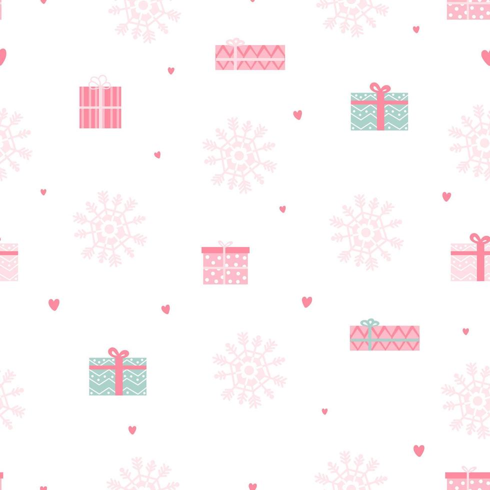jul sömlös mönster med gåva lådor, snöflingor och hjärtan för omslag papper eller tyg i barnslig tecknad serie stil på vit bakgrund, vinter- högtider utsmyckad vektor