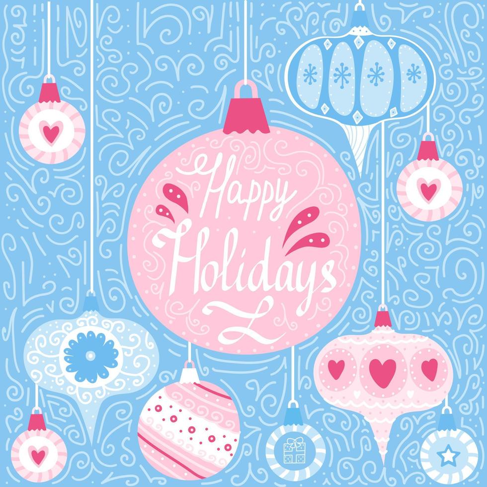 bunte weihnachtsbeschriftung frohe feiertage auf weihnachtskugel auf blauem hintergrund, grußkarte für den winter im handgezeichneten stil mit wirbeln vektor