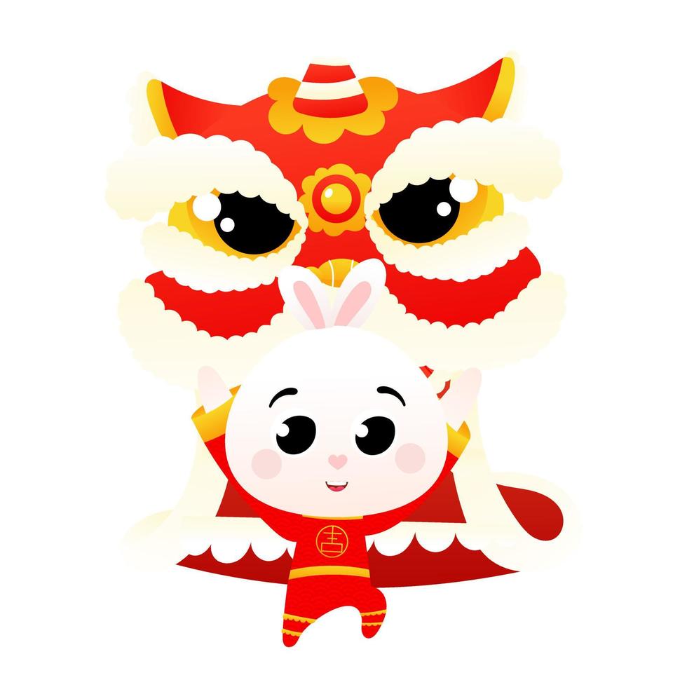 söt kanin i kinesisk nationell kostym dans lejon dansa i tecknad serie stil för lunar ny år dekorativ element vektor