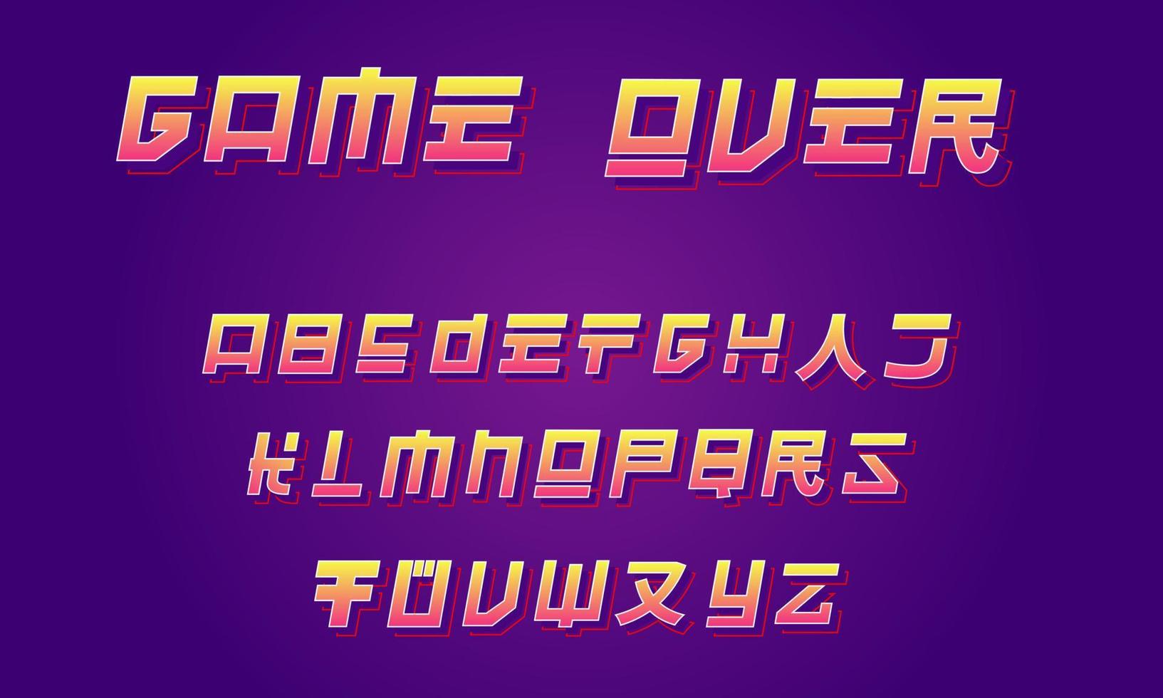 Alphabet im Retro-Stil, japanisch und von den USA beeinflusst, 16-Bit-Videospiel-Ästhetik, Gaming-ABC für Logos, Marken und Arcade-Automaten. Tokio, Vintage und asiatische Schrift. neon, farbverlauf und trendiger typo. vektor