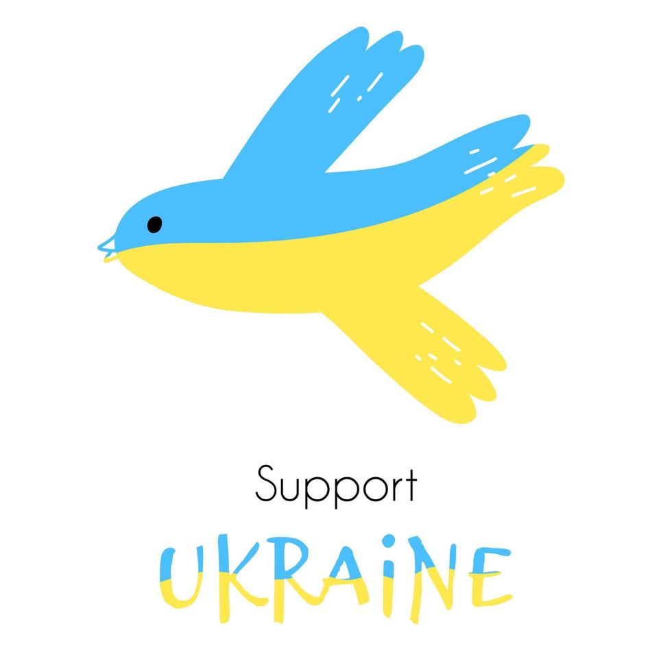 Taube in blauen und gelben Farben als Symbol des Friedens in der Ukraine. unterstützung der ukraine-phrase mit vogel in den farben der ukrainischen flagge. vektorillustration im flachen karikaturstil. vektor