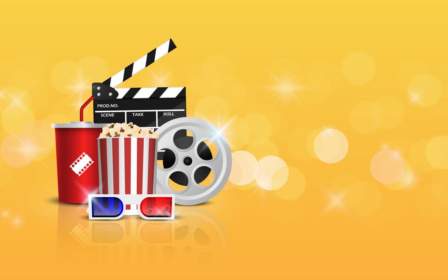 Filmbanner-Designvorlage, Kinohintergrundkonzept, Kinokonzept mit Popcorn, Filmstreifen und Filmklöppel auf gelbem Hintergrund, Vektorillustration vektor