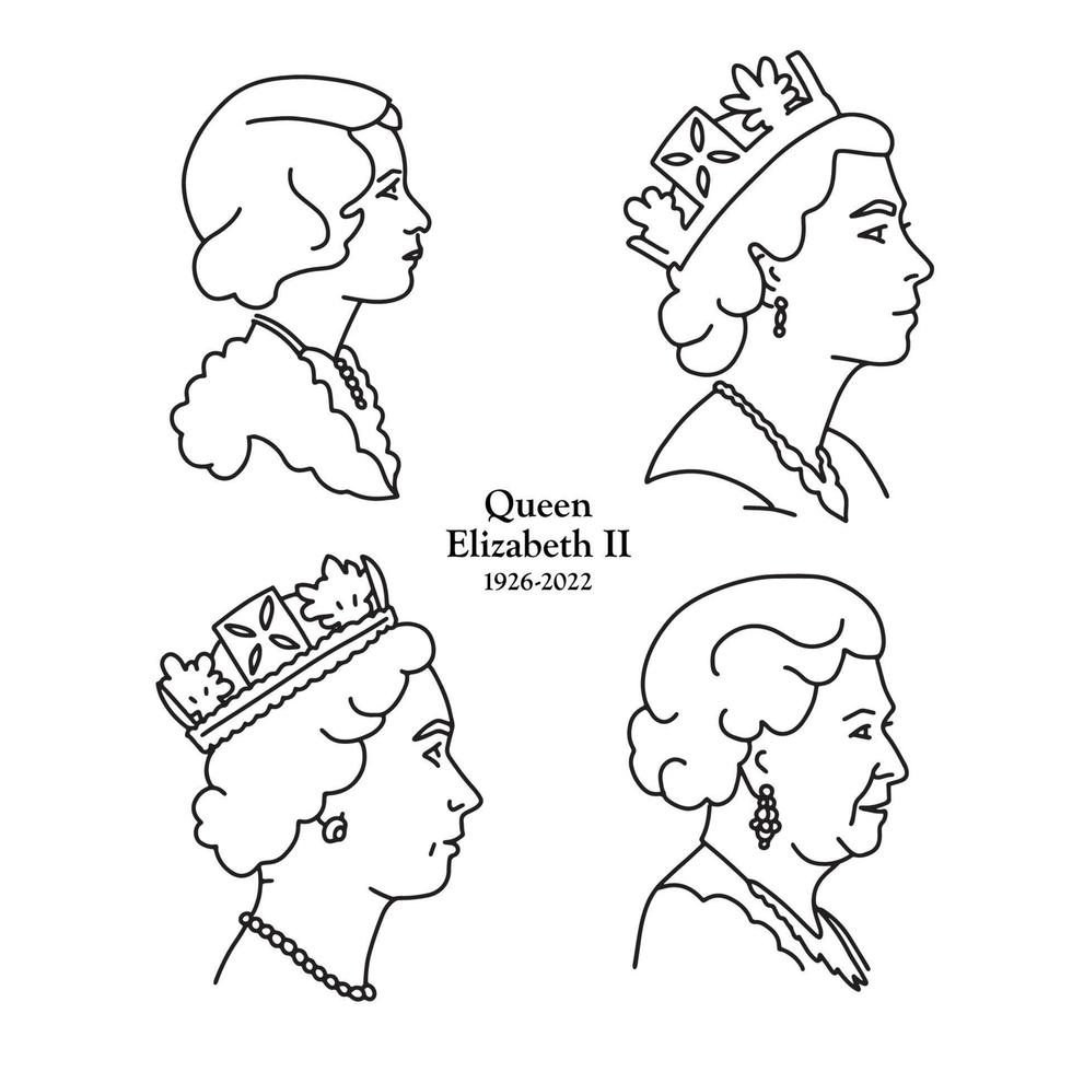 uppsättning av linjär profil porträtt av drottning Elizabeth ii. fyra åldrar av monark. vila i frid drottning av bra Storbritannien. monark i femton oberoende stater. svart och vit vektor teckning illustration.