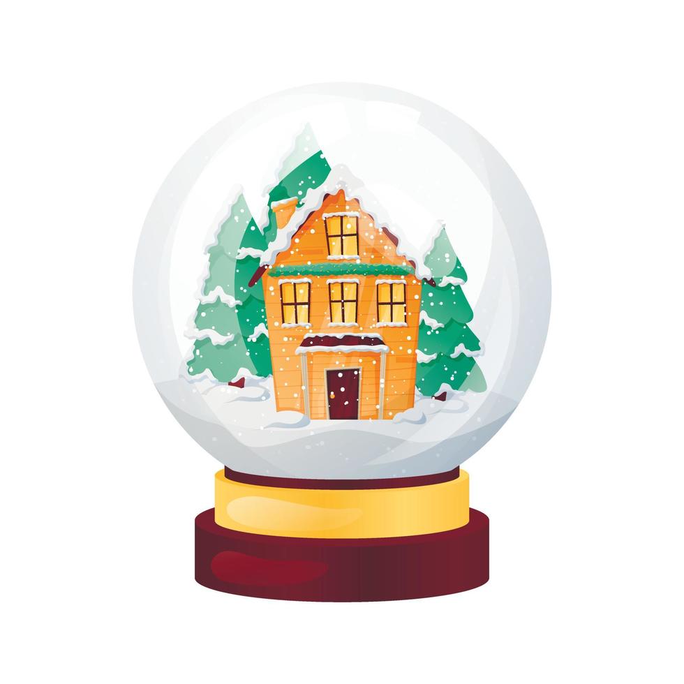 vektor isolerat illustration av jul souvenir, glas boll med vinter- hus inuti, snödrivor, snöfall och jul träd.