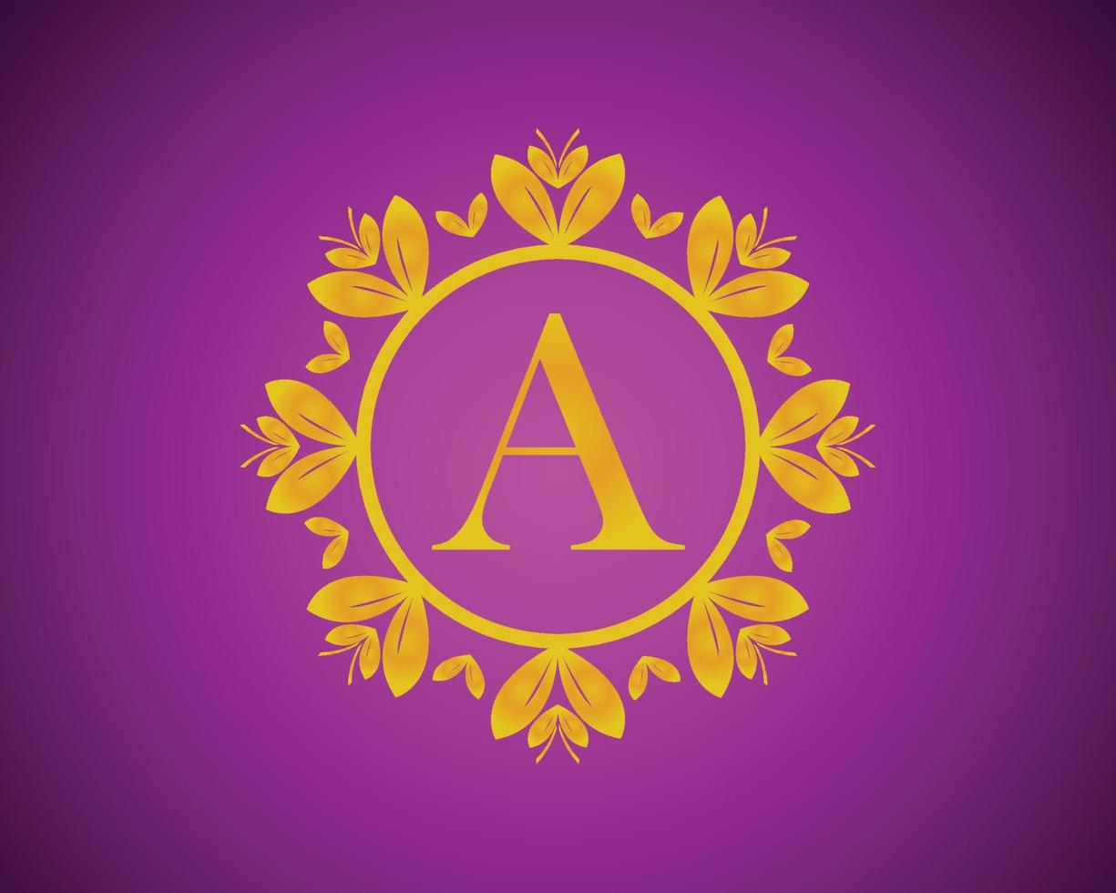 alfabet en lyx logotyp design med guld Färg gradering och guld blad cirkel lämplig för badning, hotell, skönhet och grooming. mot en violett sammet bakgrund. vektor