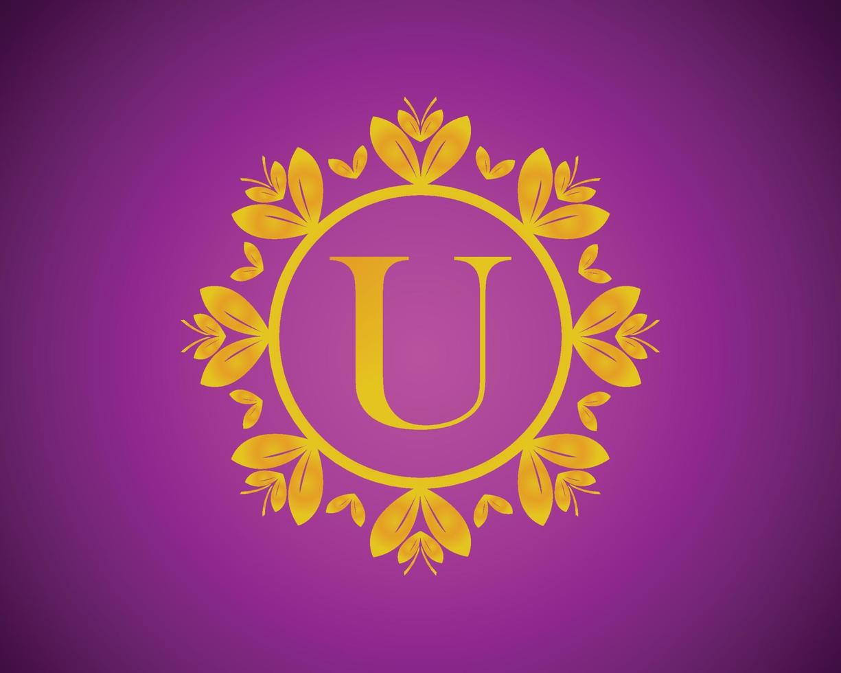 Alphabet u Luxus-Logo-Design mit goldener Farbabstufung und Blattgoldkreis, geeignet für Baden, Hotel, Schönheit und Pflege. vor einem violetten Samthintergrund. vektor