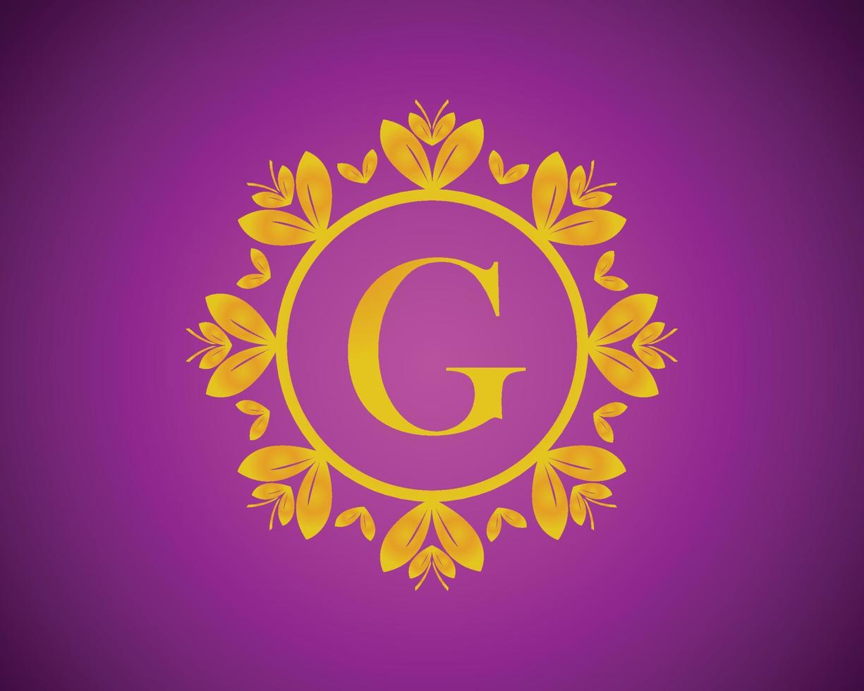alfabet g lyx logotyp design med guld Färg gradering och guld blad cirkel lämplig för badning, hotell, skönhet och grooming. mot en violett sammet bakgrund. vektor