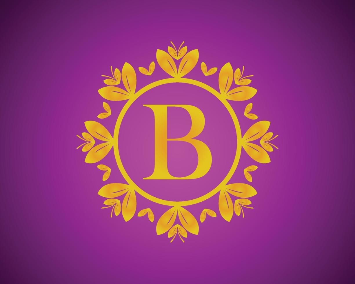 alfabet b lyx logotyp design med guld Färg gradering och guld blad cirkel lämplig för badning, hotell, skönhet och grooming. mot en violett sammet bakgrund. vektor