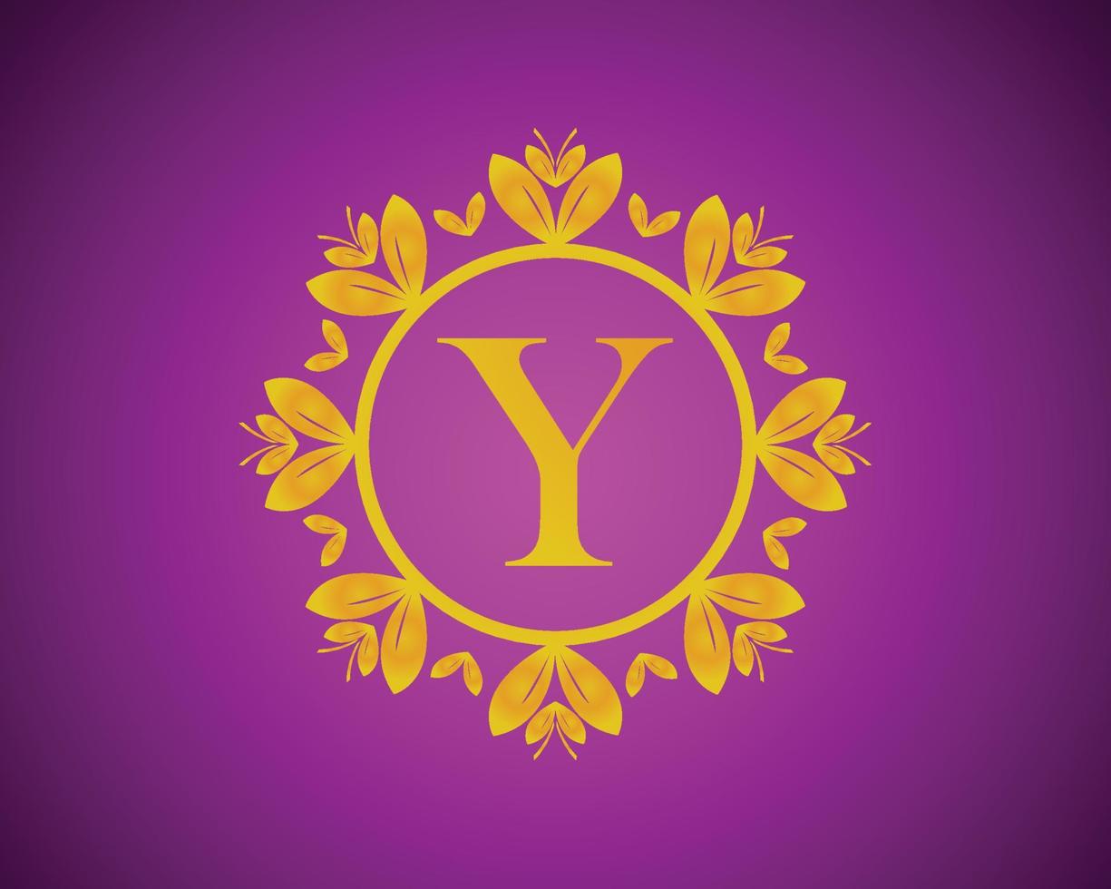 alfabet y lyx logotyp design med guld Färg gradering och guld blad cirkel lämplig för badning, hotell, skönhet och grooming. mot en violett sammet bakgrund. vektor