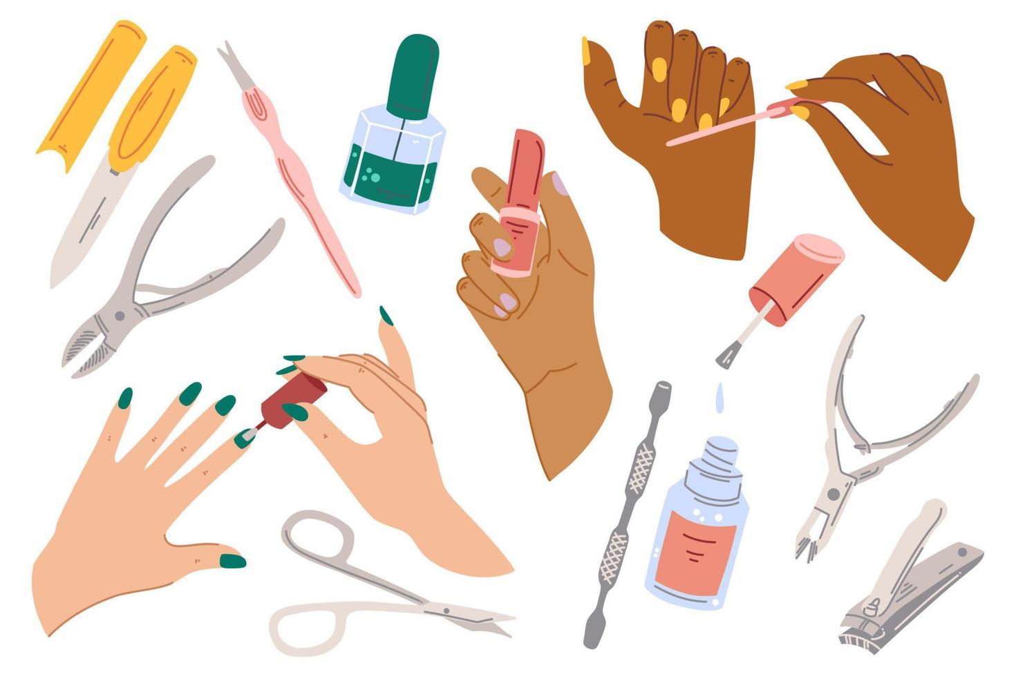 weibliche gepflegte hände und ausrüstungen für nagelstudio oder spa-salon. Dame malt, Nägel poliert. vektorillustration eleganter weiblicher hände in einem trendigen minimalistischen stil. Beauty-Routine vektor